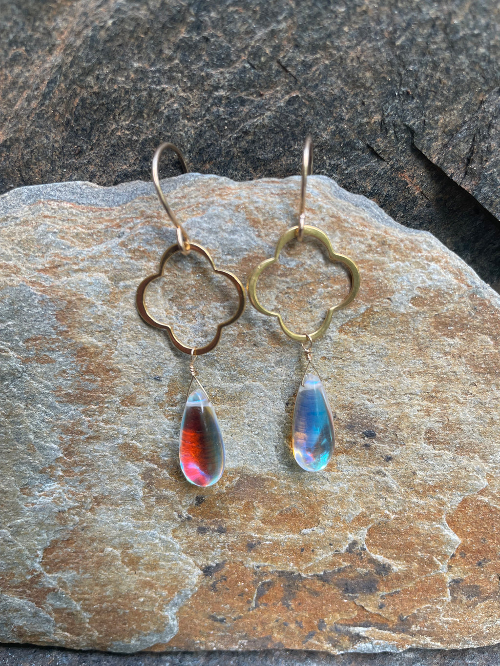Gold Quatrefoil and Rainbow Quartz Earrings