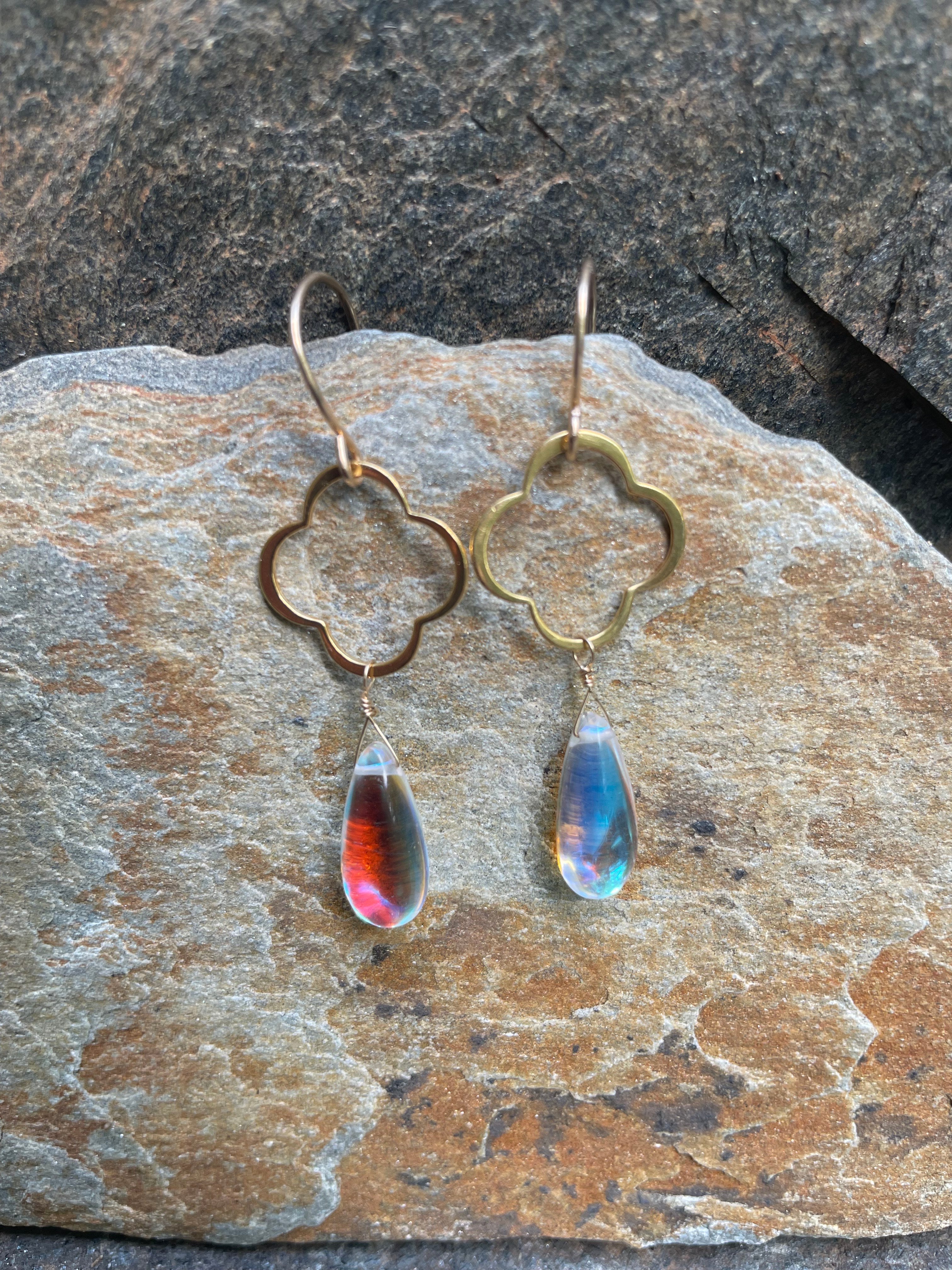 Gold Quatrefoil and Rainbow Quartz Earrings