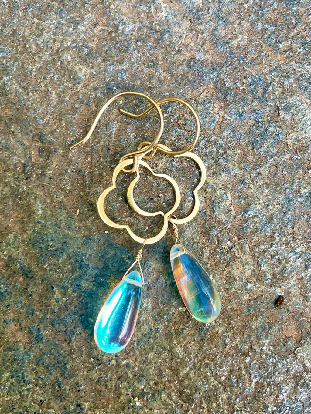 Gold Quatrefoil and Rainbow Quartz Earrings
