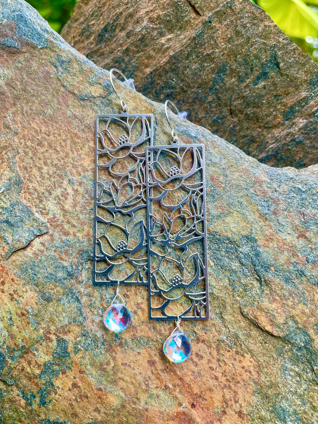 Camellia Window Panes and Rainbow Quartz Earrings