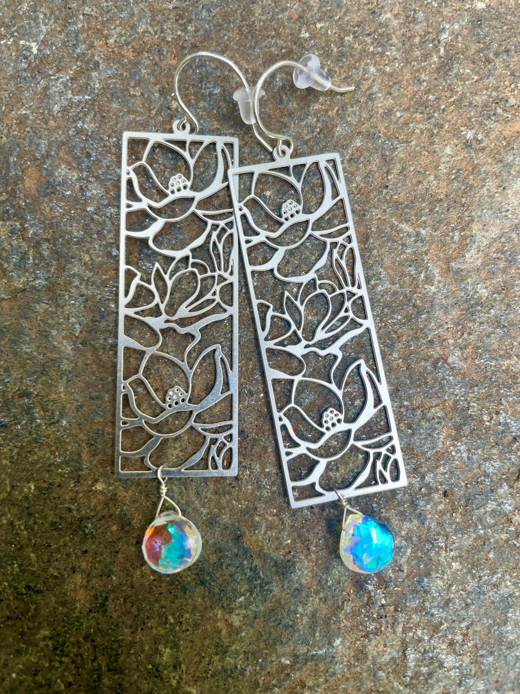 Camellia Window Panes and Rainbow Quartz Earrings