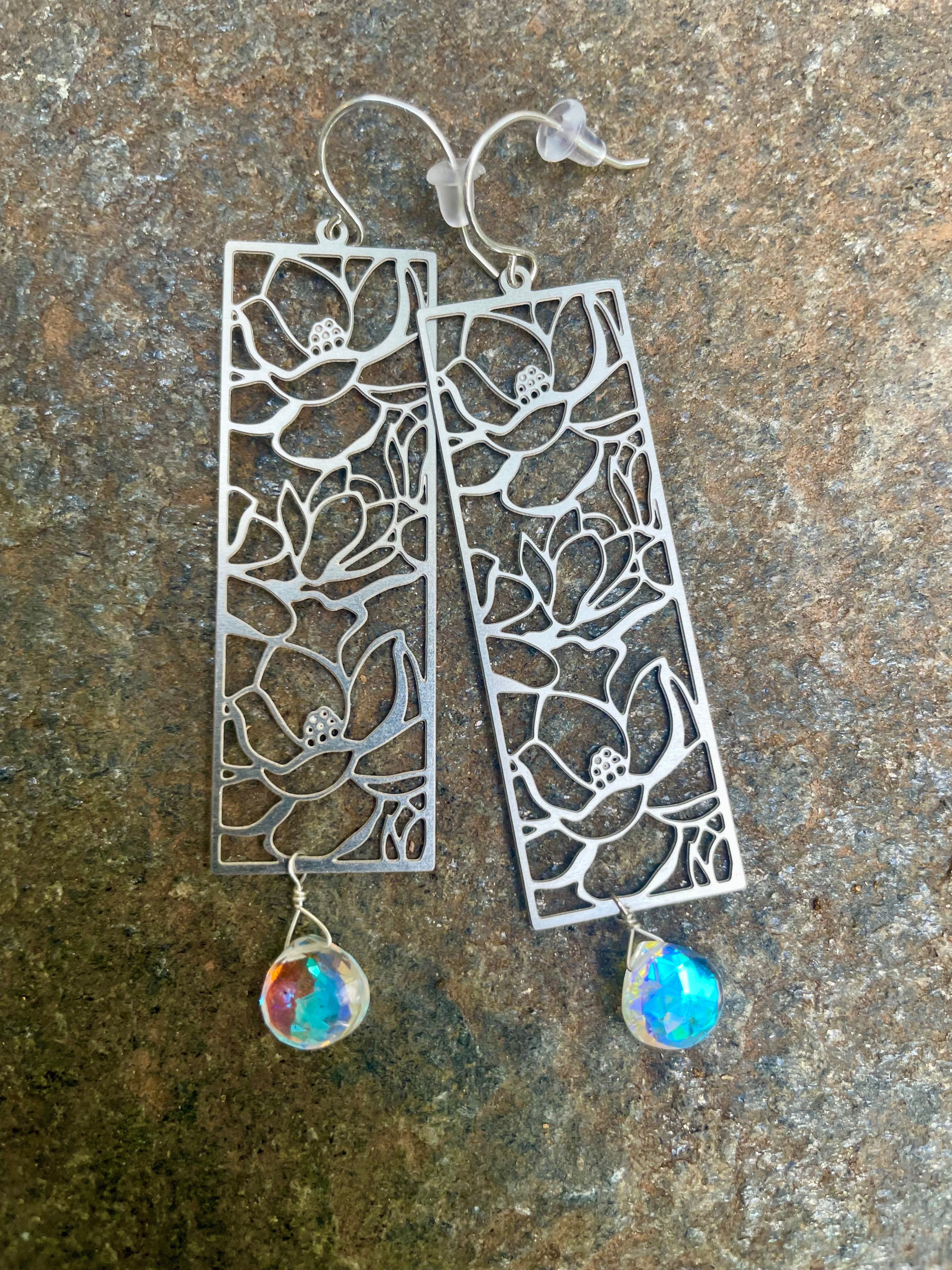 Camellia Window Panes and Rainbow Quartz Earrings