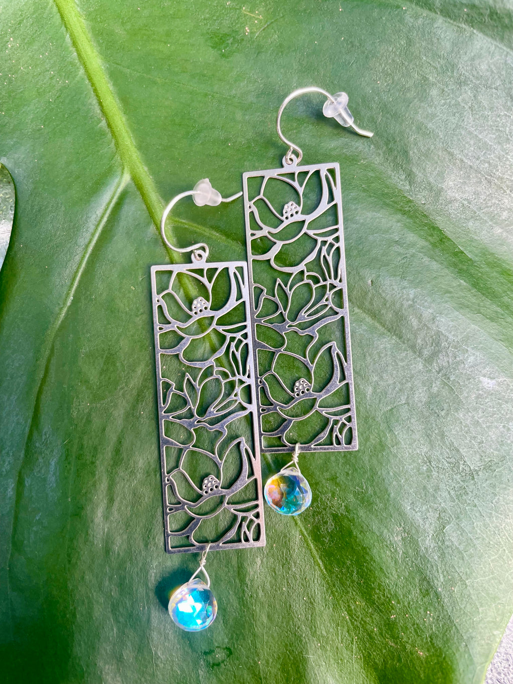 Camellia Window Panes and Rainbow Quartz Earrings