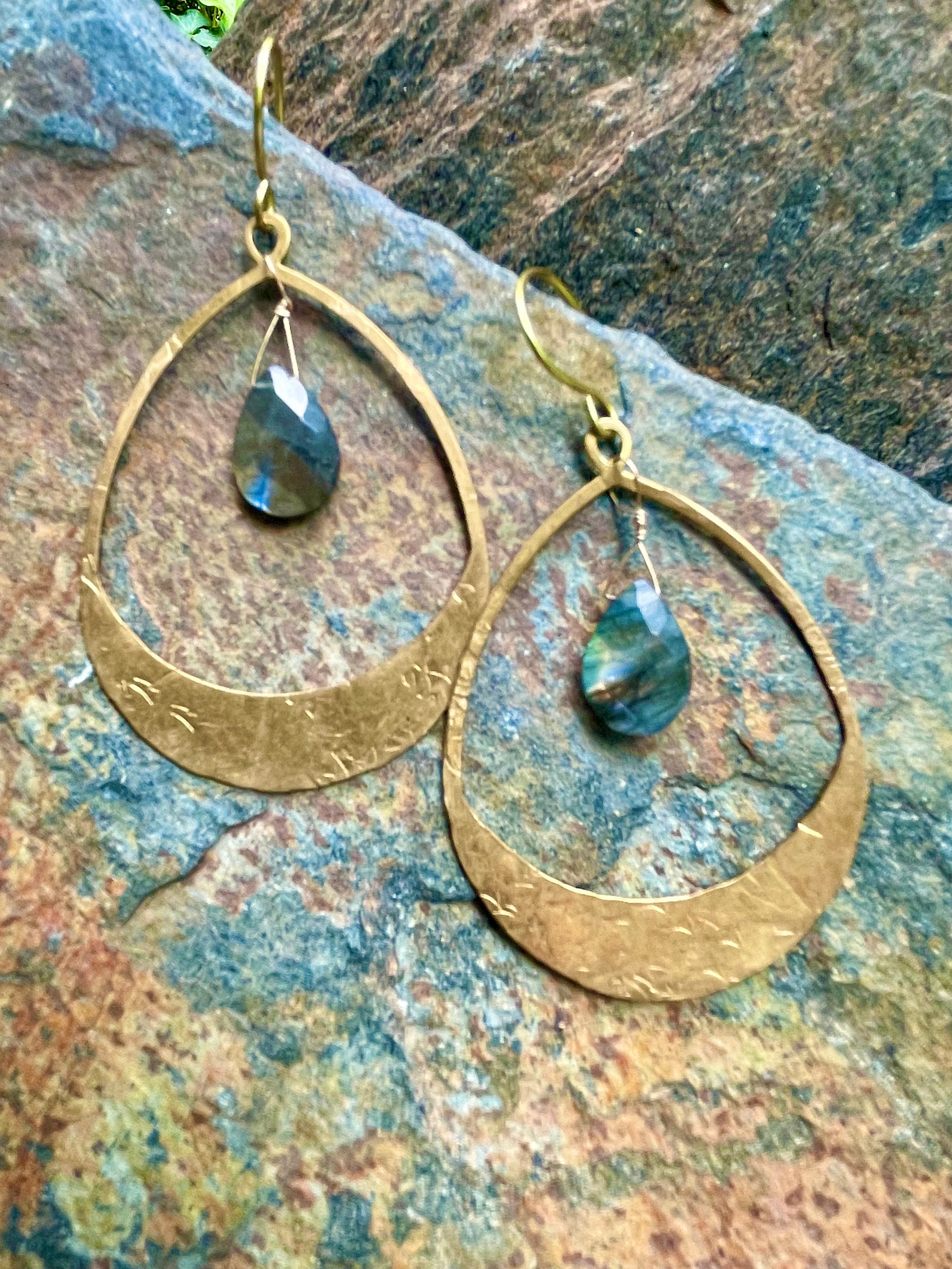 Brass Hoops with Labradorite Drops Earrings